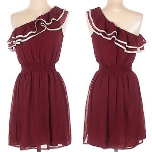 Fashion Spy Burgundy & White One Shoulder Ruffle Dress